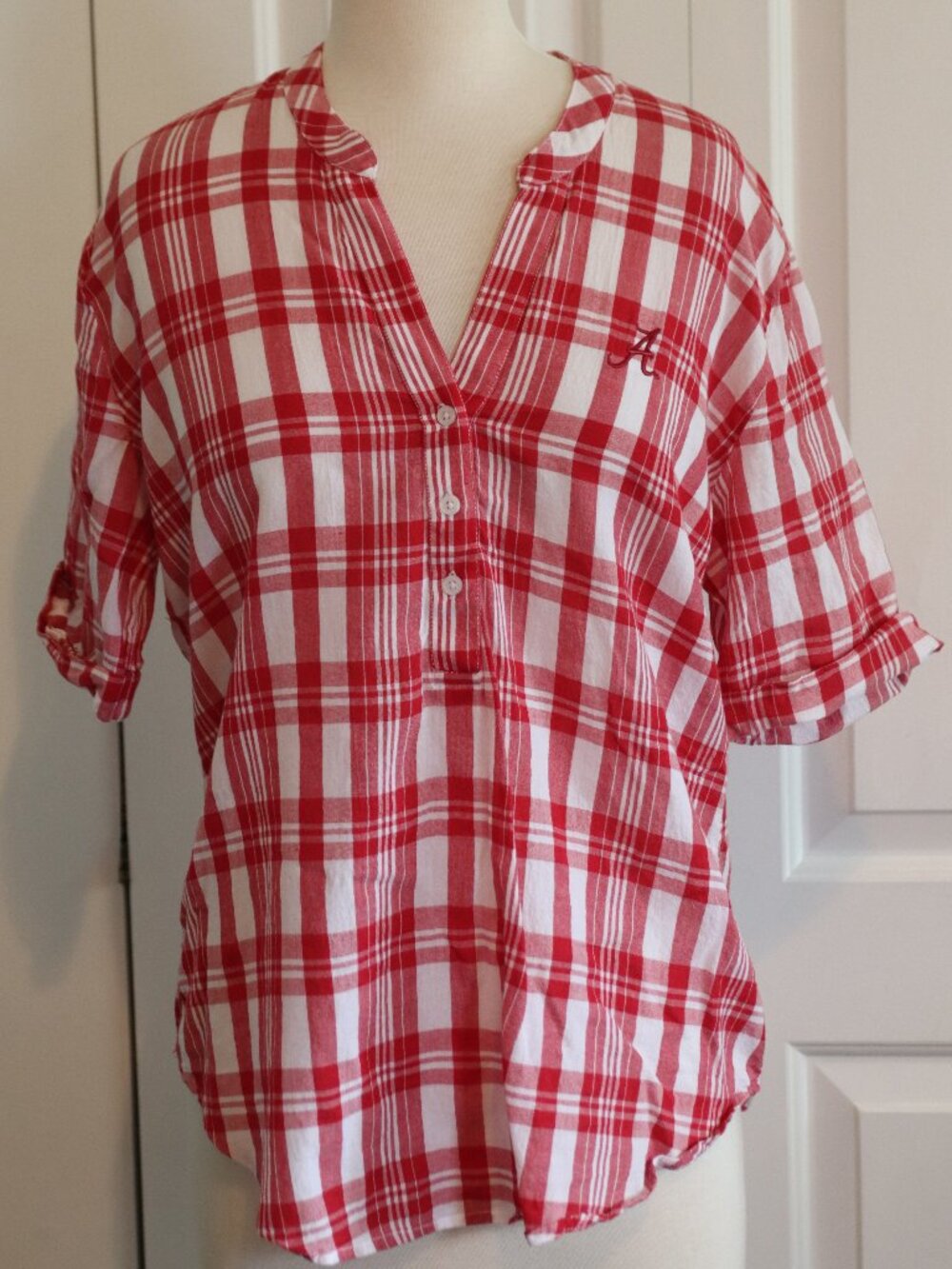 UG Apparel Alabama Crimson Tide Plaid Short Sleeve Top Red/White Checked Sz Med